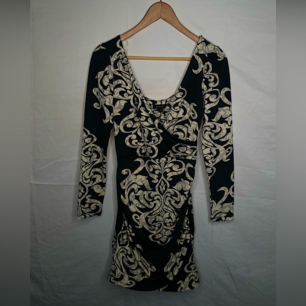 Miss Avenue Women Dress Small Black Floral Bodycon Mini Long Sleeve V Wrap Neck